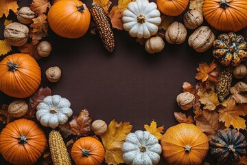 Autumn Thanksgiving Still Life with Pumpkin Nuts and Leaves on Dark Background