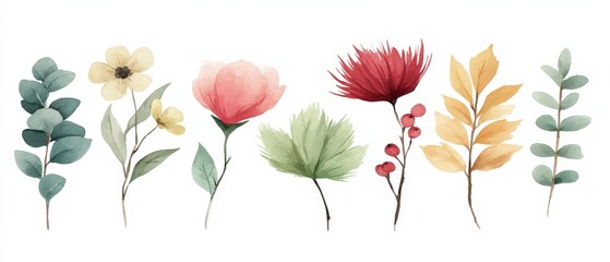 Boho Floral Arrangement  Watercolor Botanicals  Leaves  Branches  Flowers  Greenery