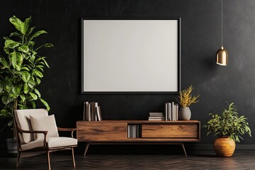 A modern living room with a black wall, a wooden console table, a comfy armchair, potted plants, and a large empty frame