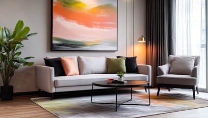 Modern living room with a grey sofa, coffee table, armchair, rug, plant, and abstract painting on the wall