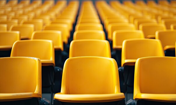 Rows of empty yellow stadium seats receding into the distance