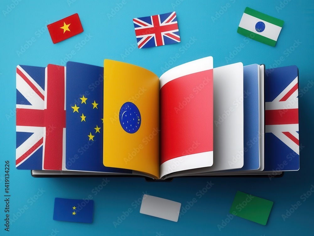 Poster colorful open book with flags representing different nations