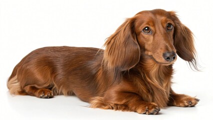Adorable Longhaired Dachshund Dog Lying Down Studio Shot White Background Pet Animal