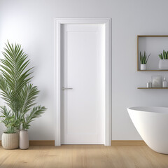 Modern Bathroom Entrance with Minimalist Door and Green Plants