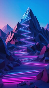 Low poly mountainscape with neon zig zag path ascending to the peak, surreal concept art illustration