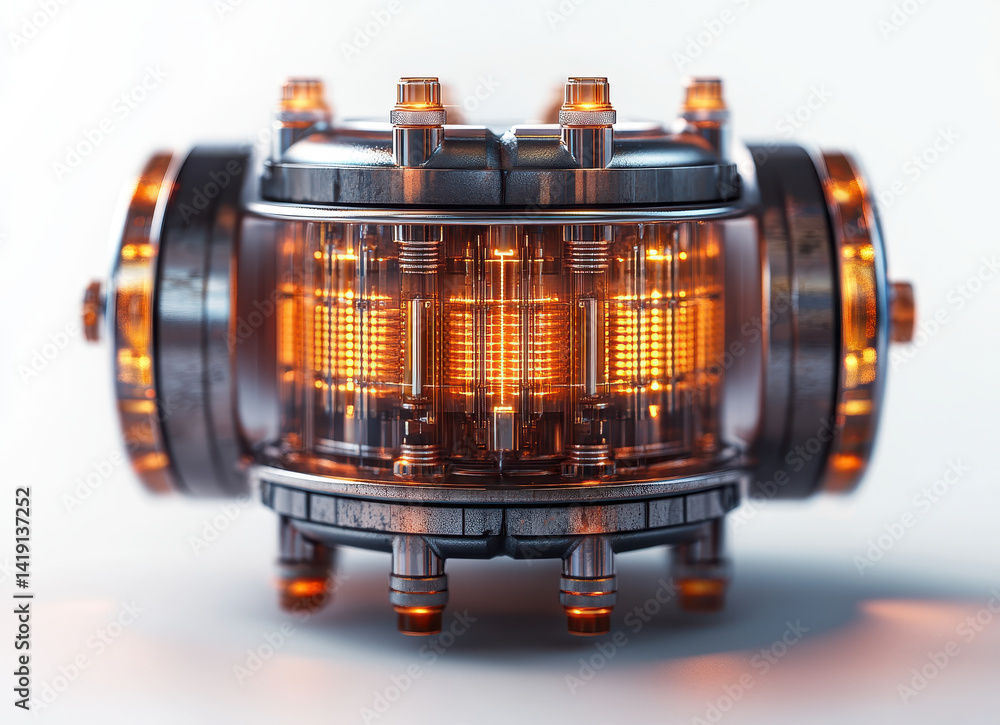 Poster futuristic inductor device with orange glow on white background illustrating advanced technology and