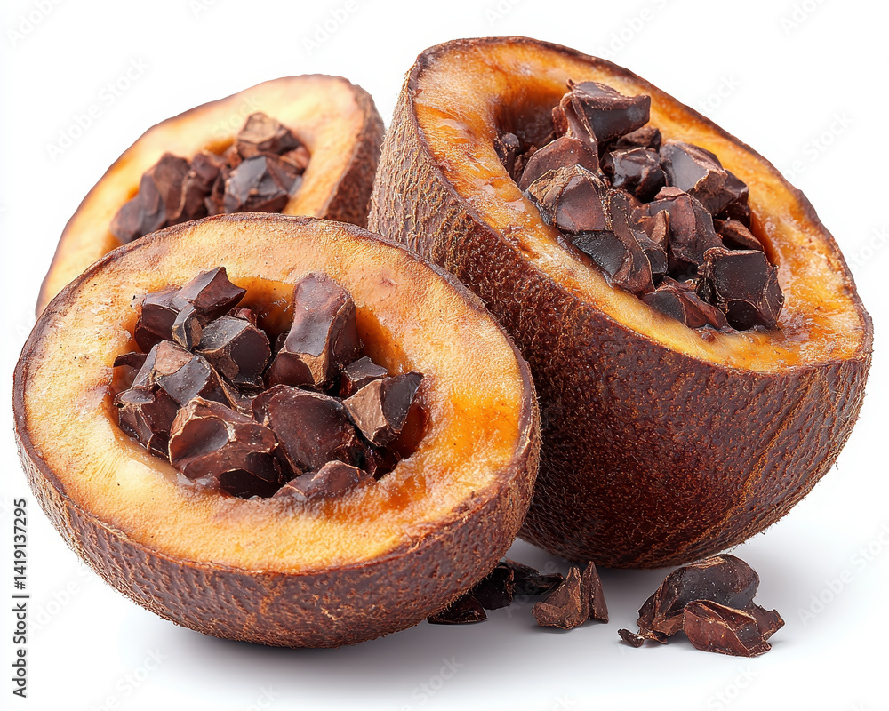 Poster close-up of fresh cocoa pods with cocoa beans exposed against a white background in high detail and 