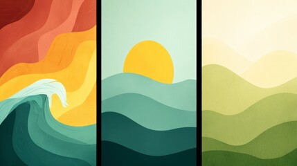 Abstract Wave Gradient Triptych  Ocean  Sun  Hills