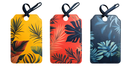 Set of colorful travel luggage tags, boarding pass, and a pen with tropical pattern, realistic shadowing on white