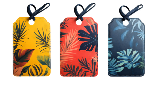 Set of colorful travel luggage tags, boarding pass, and a pen with tropical pattern, realistic shadowing on white