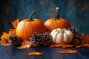 Thanksgiving still life with pumpkins pinecones autumn leaves on wooden table