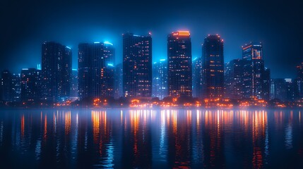 Obraz premium A moody nightscape city view with midnight blue skyscrapers reflecting in water, burnt copper signage glowing on buildings, fog rolling in and light haze blending the skyline.