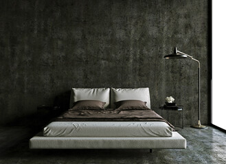 The modern loft bedroom interior design and black concrete pattern wall background and cozy white bed decoration. 3D rendering. 