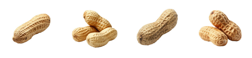 Four peanut pods with peanuts isolated on black background, cut out transparent