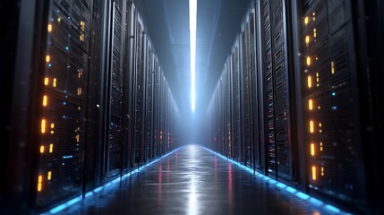 Fototapeta premium Futuristic server room, illuminated pathway