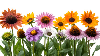 Set of echinacea and sunflower flowers in various positions isolated on white background