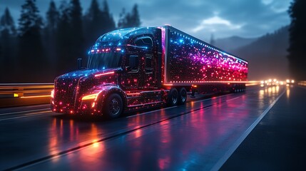 Futuristic Illuminated Semi Truck Driving Night Highway Road Transport