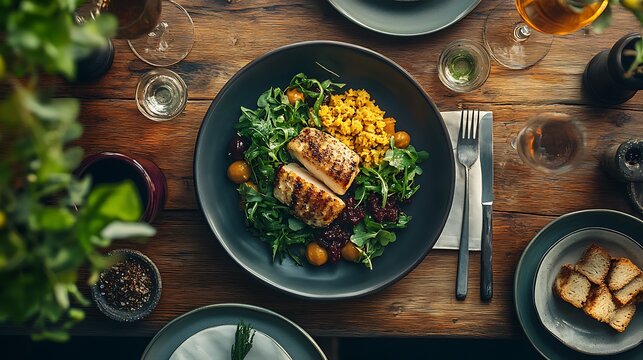 A top-down gourmet food shot with goldenrod-colored dishes and ingredients plated on deep plum ceramic ware, rustic wood table surface and moody restaurant lighting.