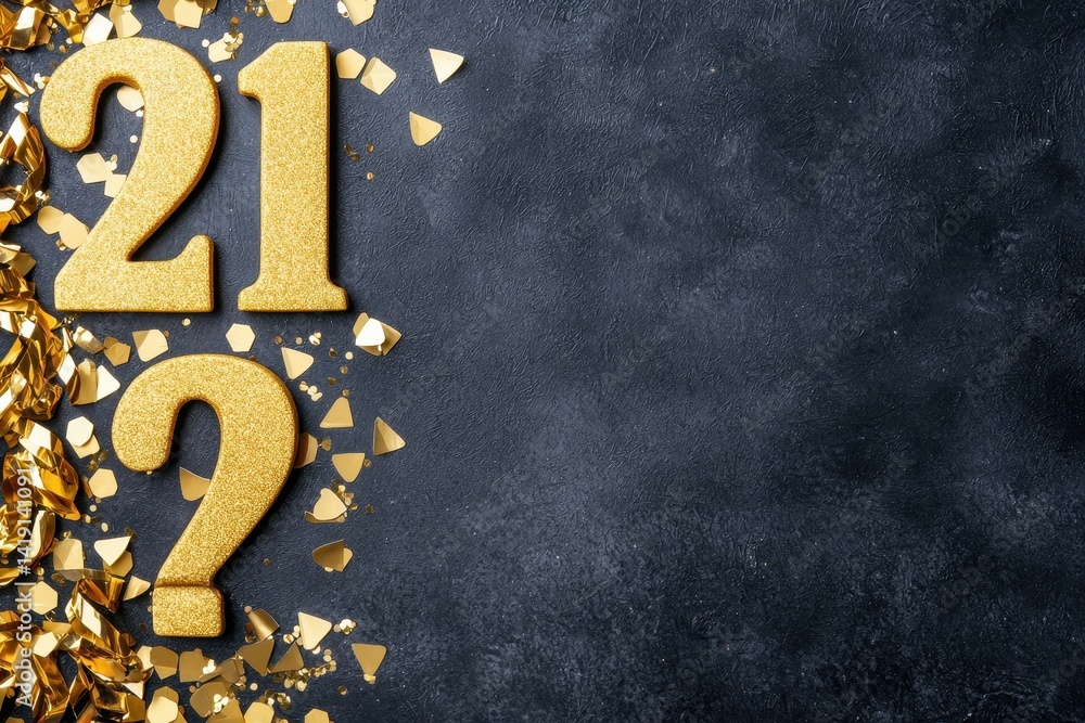 Poster gold number twenty-one with question mark on dark background