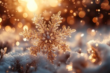 Winter holiday background with glowing snowflakes and warm golden light