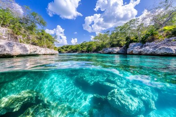 Fototapeta premium Turquoise Blue Cenote Water Reflection, Sunlit Natural Cave, Tranquil Underwater Scene, Perfect for Relaxation and Meditation