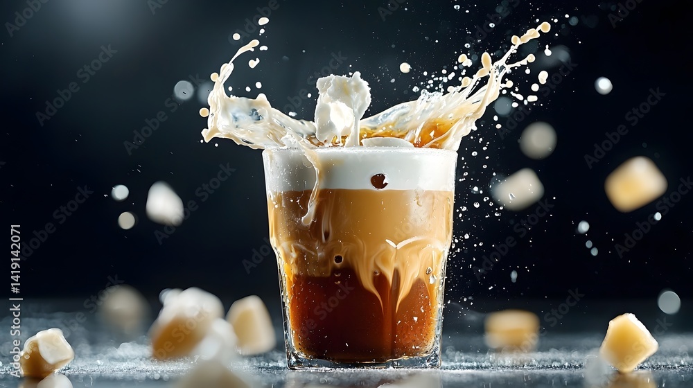 Poster captivating cinematic shot of a cold brew coffee beverage with a swirling splash of creamy frothy go
