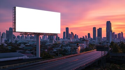 Blank billboard mockup template for advertising with city skyline at sunset outdoor media marketing 100