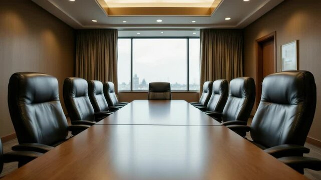 Empty chairs around boardroom table with layoffs document visible, economic contraction symbolism, Economic recession concept, Generative AI.