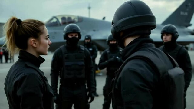 Group of operatives in black uniforms aboard stealth aircraft, mission debrief before deployment, Secret Mission concept, Generative AI.