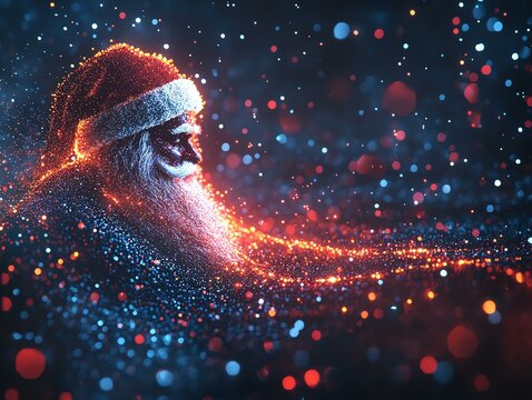 A captivating representation of Santa, adorned with magical lights and festive spirit, evoking holiday joy.