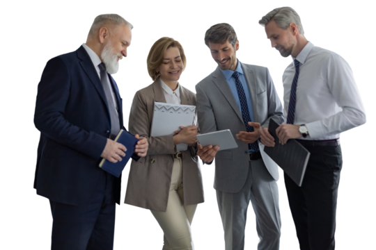 Four business people discussing work together using a tablet on a transparent background