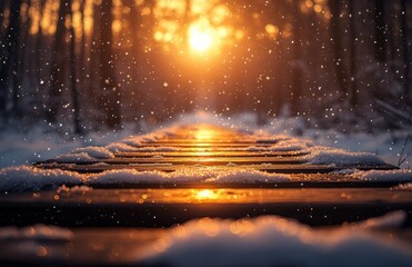 Obraz premium Christmas winter background with golden bokeh lights snowflakes wooden texture snowy foreground