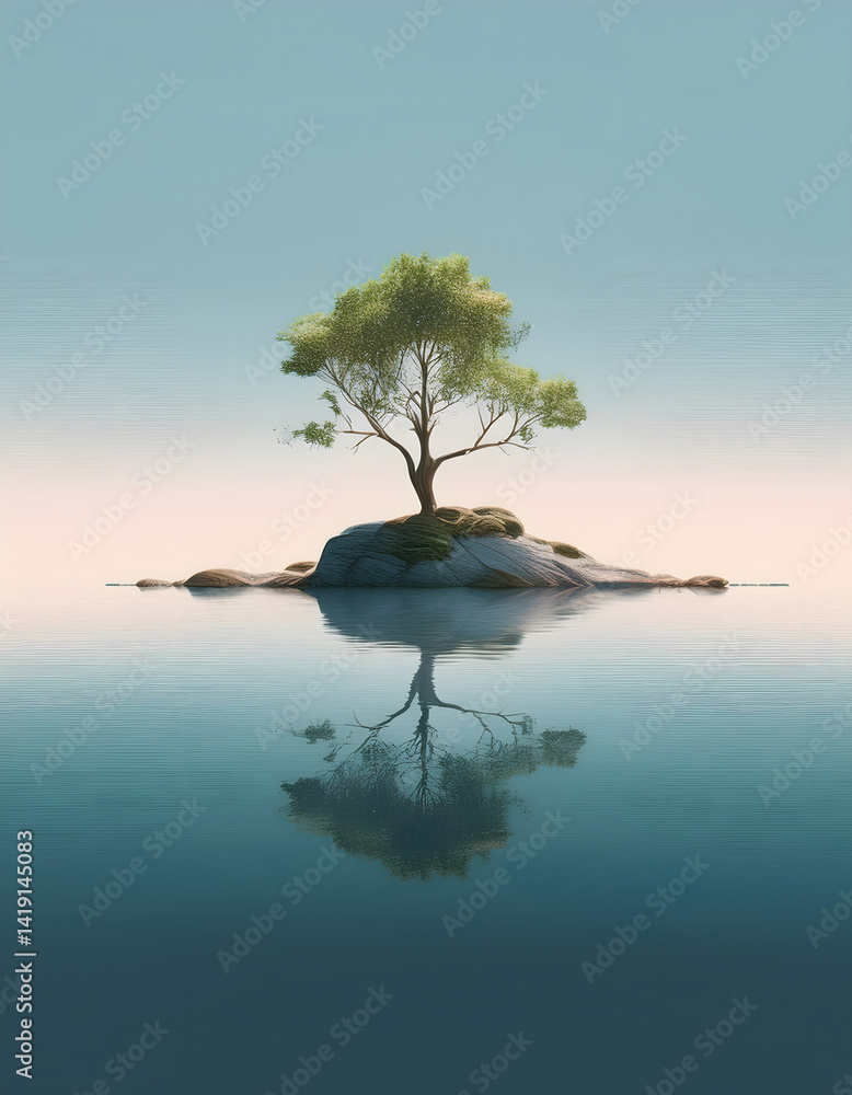Poster serene tree reflection on calm water in a minimalist landscape