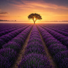 Naklejka premium Lavender field with lonely tree at sun rise or sunset