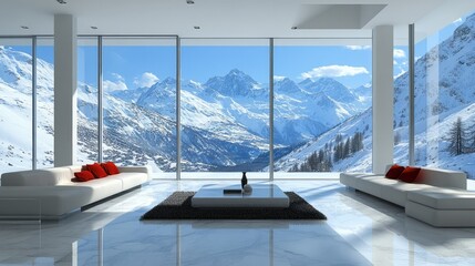 Fototapeta premium Modern living room boasts snowy mountain views through expansive windows