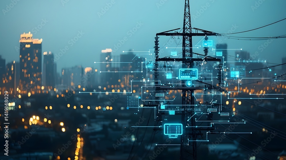 Poster innovative smart utility pole with energy efficient lighting and iot devices integrated into a moder