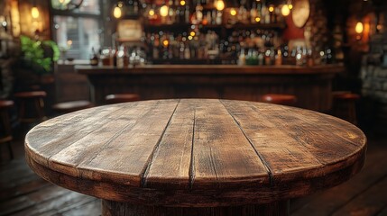 Rustic Wooden Pub Table Top with Blurred Bar Background