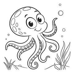 Smiling Cartoon Octopus in an Ocean Scene Coloring Page for Kids