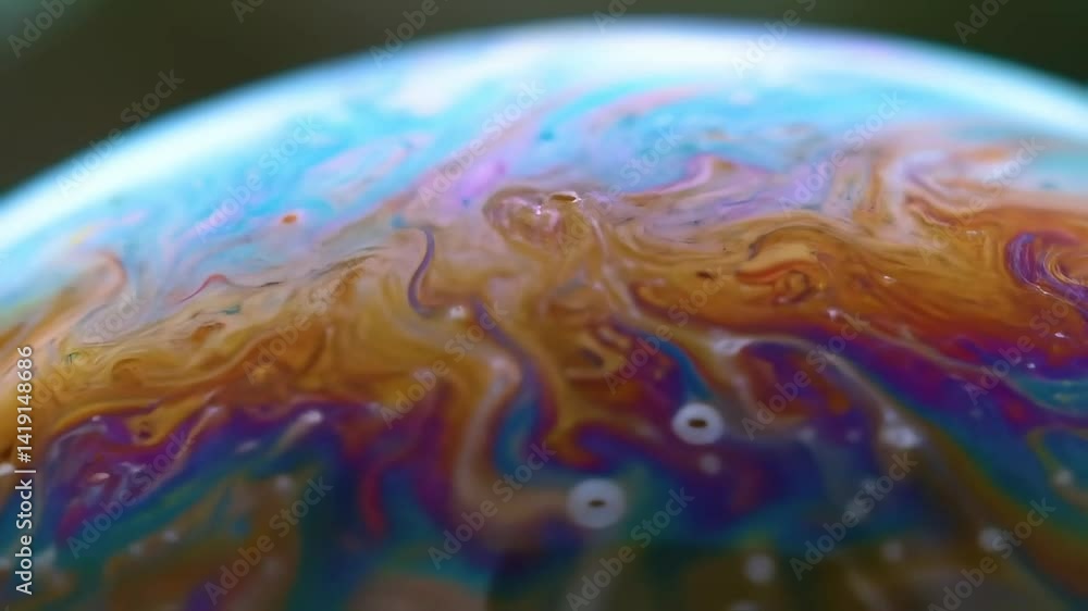 Poster close-up of a colorful soap bubble with iridescent swirls capturing a blend of vibrant hues under na