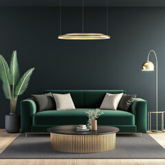 Elegant Modern Living Room with Green Sofa and Stylish Decor
