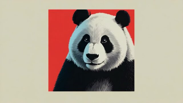 Stylized Panda Portrait Illustration with Detailed Fur Texture and Bold Red Backdrop, Centered Composition with Cream Border