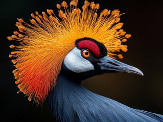 Fototapeta premium Majestic Crowned Crane Portrait: A Close-Up of Intricate Plumage, Vibrant Colors, and Elegant Features in a Dramatic Dark Setting, Showcasing Avian Beauty