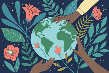 59 Earth, globe, hands holding planet, colorful flowers, lush foliage, vibrant nature, environmental conservation, sustainability, digital illustration, dark background, detailed artwork, surreal comp