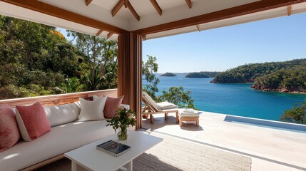 Fototapeta premium Modern Coastal Living Room with Scenic Ocean View and Sunlight