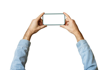 Isolated male hands holding smartphone horizontally with blank screen