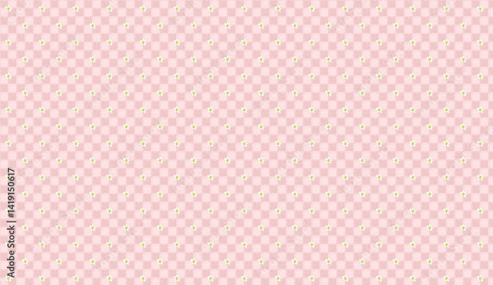 Aufkleber seamless pattern with small white flowers and pink gingham background creating a delicate and charmi