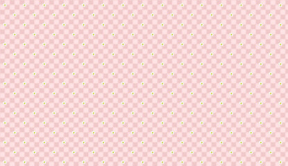 Seamless pattern with small white flowers and pink gingham background creating a delicate and charming design