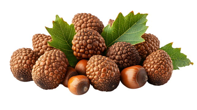 Oak leaves and acorns cluster, forest theme, HD quality, isolated on white background