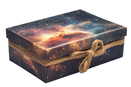 A celestial gift box cosmic nebula design tied with rustic twine a mysterious present dark on transparent background