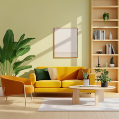 Cozy Modern Living Room with Yellow Couch and Shelving Unit